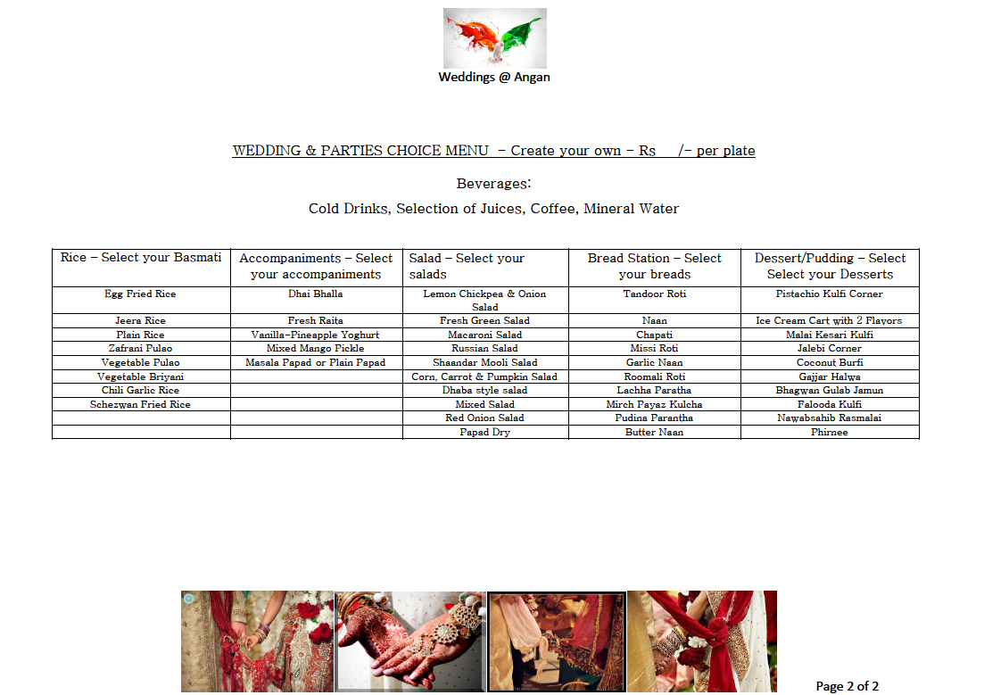 Angan Wedding Menu